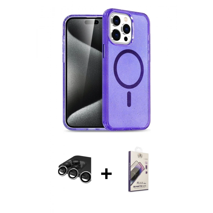MARSİLYAN™- iPhone 15 Pro Kılıf Eksen Doku Koleksiyonu - Siyah Bilvis 3D Mat Cam Ekran Koruyucu + Raze Metal Kamera Lens - GS
