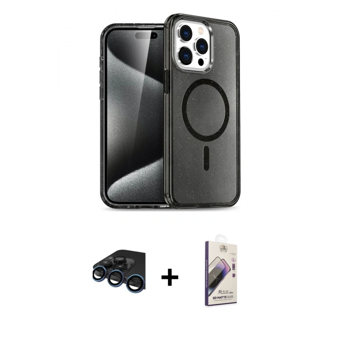 MARSİLYAN™- iPhone 15 Pro Kılıf Eksen Doku Koleksiyonu - Siyah Bilvis 3D Mat Cam Ekran Koruyucu + Raze Metal Kamera Lens - LT