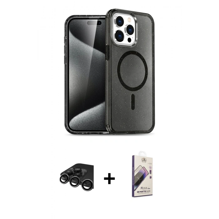 MARSİLYAN™- iPhone 15 Pro Kılıf Eksen Doku Koleksiyonu - Siyah Bilvis 3D Mat Cam Ekran Koruyucu + Raze Metal Kamera Lens - TMGI