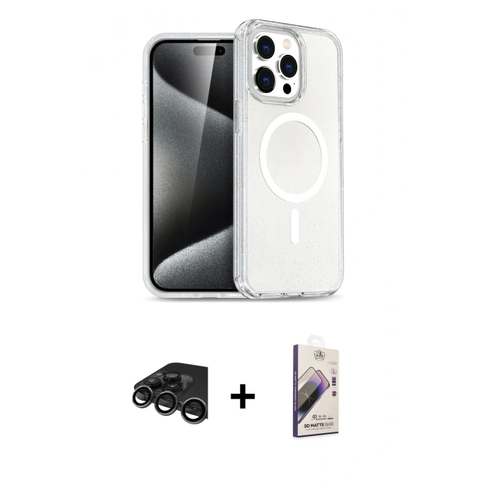MARSİLYAN™- iPhone 15 Pro Kılıf Eksen Doku Koleksiyonu - Siyah Bilvis 3D Mat Cam Ekran Koruyucu + Raze Metal Kamera Lens - TMGI