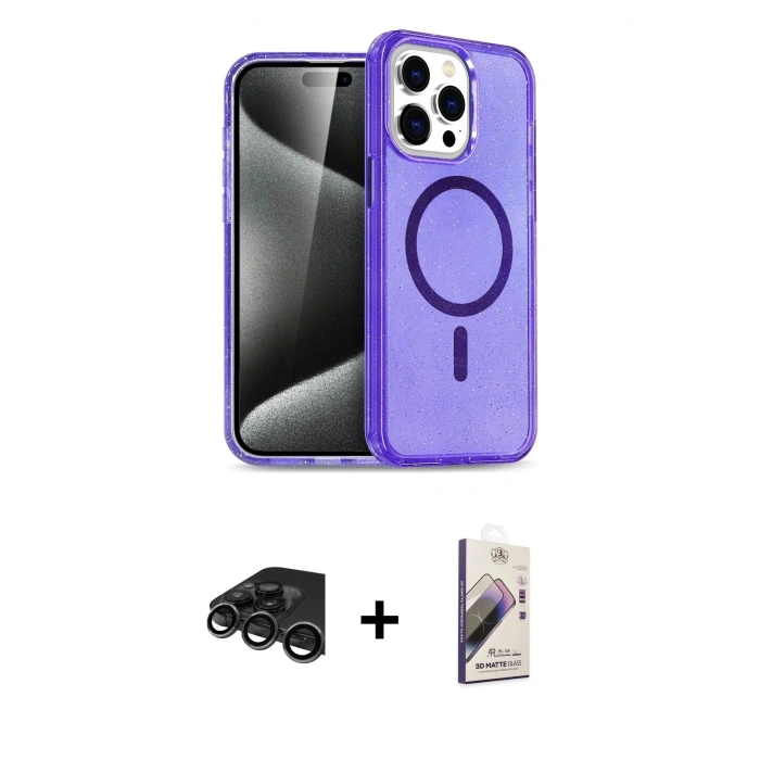 MARSİLYAN™- iPhone 15 Pro Kılıf Eksen Doku Koleksiyonu - Siyah Bilvis 3D Mat Cam Ekran Koruyucu + Raze Metal Kamera Lens - TMGI
