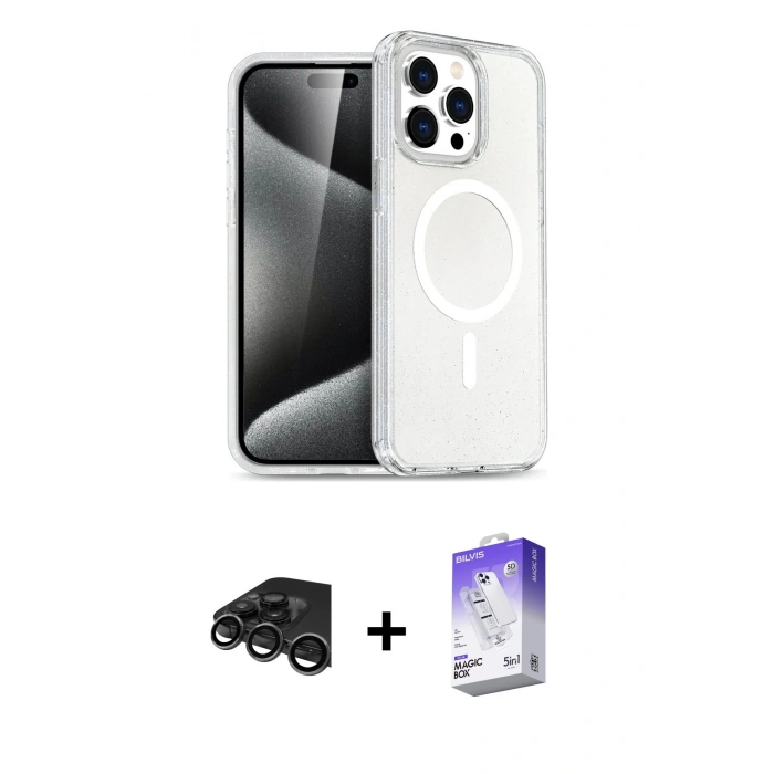 MARSİLYAN™- iPhone 15 Pro Kılıf Eksen Doku Koleksiyonu - Siyah Bilvis 5in1 3D Magic Cam Ekran Koruyucu + Raze Metal Kamera Lens - TMGI
