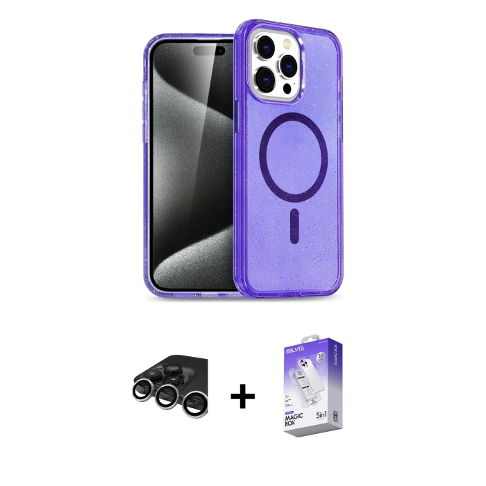 MARSİLYAN™- iPhone 15 Pro Kılıf Eksen Doku Koleksiyonu - Siyah Bilvis 5in1 3D Magic Cam Ekran Koruyucu + Raze Metal Kamera Lens - GS