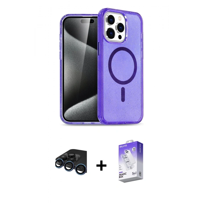 MARSİLYAN™- iPhone 15 Pro Kılıf Eksen Doku Koleksiyonu - Siyah Bilvis 5in1 3D Magic Cam Ekran Koruyucu + Raze Metal Kamera Lens - LT