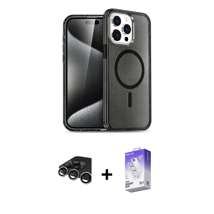 MARSİLYAN™- iPhone 15 Pro Kılıf Eksen Doku Koleksiyonu - Siyah Bilvis 5in1 3D Magic Cam Ekran Koruyucu + Raze Metal Kamera Lens - GS