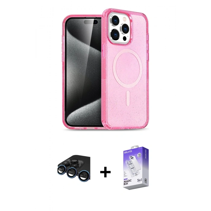 MARSİLYAN™- iPhone 15 Pro Kılıf Eksen Doku Koleksiyonu - Siyah Bilvis 5in1 3D Magic Cam Ekran Koruyucu + Raze Metal Kamera Lens - LT