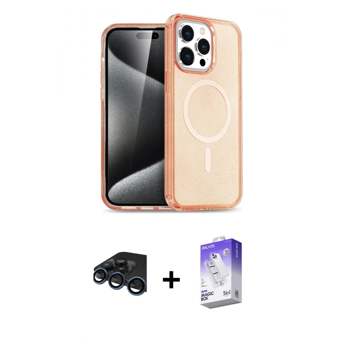 MARSİLYAN™- iPhone 15 Pro Kılıf Eksen Doku Koleksiyonu - Siyah Bilvis 5in1 3D Magic Cam Ekran Koruyucu + Raze Metal Kamera Lens - LT