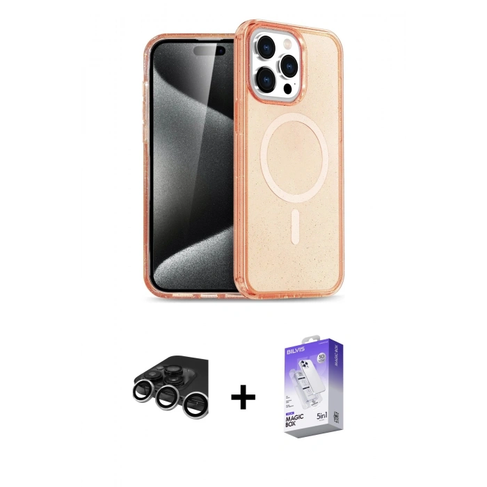 MARSİLYAN™- iPhone 15 Pro Kılıf Eksen Doku Koleksiyonu - Siyah Bilvis 5in1 3D Magic Cam Ekran Koruyucu + Raze Metal Kamera Lens - GS