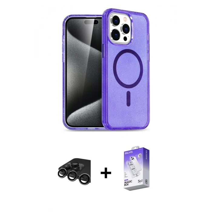 MARSİLYAN™- iPhone 15 Pro Kılıf Eksen Doku Koleksiyonu - Siyah Bilvis 5in1 3D Magic Cam Ekran Koruyucu + Raze Metal Kamera Lens - TMGI