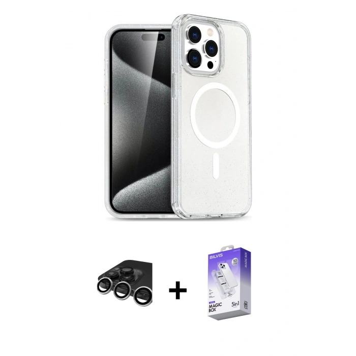 MARSİLYAN™- iPhone 15 Pro Kılıf Eksen Doku Koleksiyonu - Siyah Bilvis 5in1 3D Magic Cam Ekran Koruyucu + Raze Metal Kamera Lens - GS