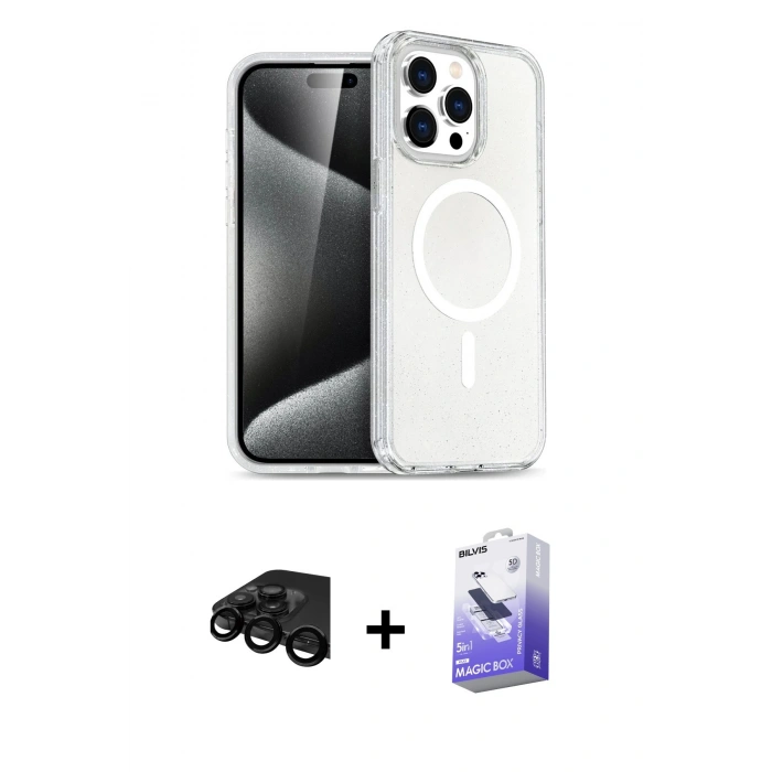 MARSİLYAN™- iPhone 15 Pro Kılıf Eksen Doku Koleksiyonu - Siyah Bilvis 5in1 5D Magic Hayalet Cam Ekran Koruyucu + Raze Metal Kamera Lens - SH