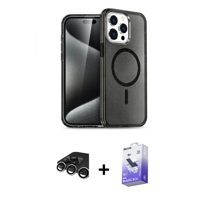 MARSİLYAN™- iPhone 15 Pro Kılıf Eksen Doku Koleksiyonu - Siyah Bilvis 5in1 5D Magic Hayalet Cam Ekran Koruyucu + Raze Metal Kamera Lens - GS
