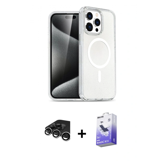MARSİLYAN™- iPhone 15 Pro Kılıf Eksen Doku Koleksiyonu - Siyah Bilvis 5in1 5D Magic Hayalet Cam Ekran Koruyucu + Raze Metal Kamera Lens - GS