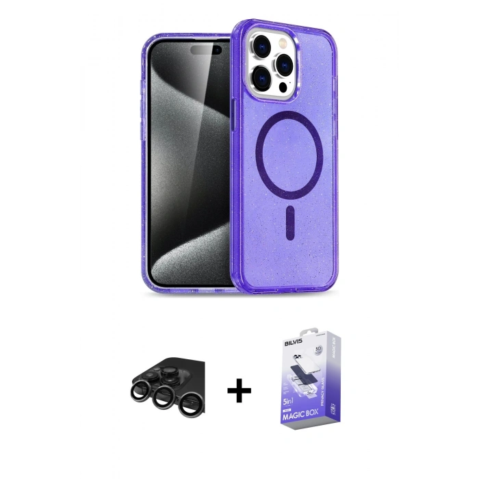 MARSİLYAN™- iPhone 15 Pro Kılıf Eksen Doku Koleksiyonu - Siyah Bilvis 5in1 5D Magic Hayalet Cam Ekran Koruyucu + Raze Metal Kamera Lens - TMGI