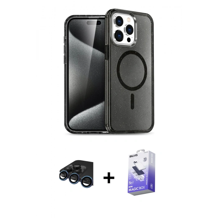 MARSİLYAN™- iPhone 15 Pro Kılıf Eksen Doku Koleksiyonu - Siyah Bilvis 5in1 5D Magic Hayalet Cam Ekran Koruyucu + Lacivert Raze Metal Kamera Lens