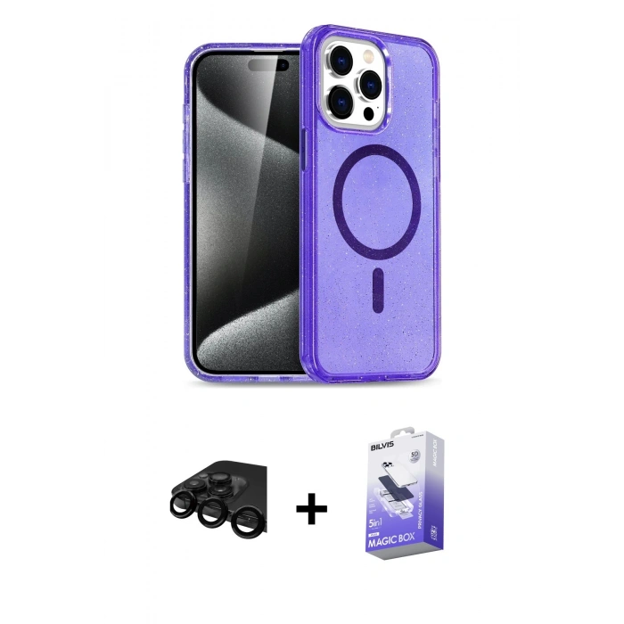MARSİLYAN™- iPhone 15 Pro Kılıf Eksen Doku Koleksiyonu - Siyah Bilvis 5in1 5D Magic Hayalet Cam Ekran Koruyucu + Raze Metal Kamera Lens - SH