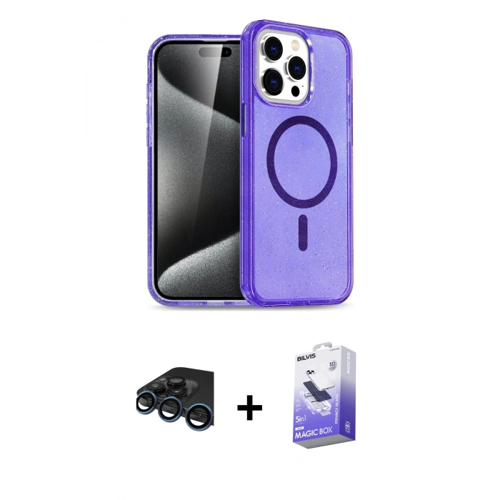MARSİLYAN™- iPhone 15 Pro Kılıf Eksen Doku Koleksiyonu - Siyah Bilvis 5in1 5D Magic Hayalet Cam Ekran Koruyucu + Lacivert Raze Metal Kamera Lens