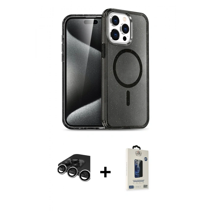 MARSİLYAN™- iPhone 15 Pro Kılıf Eksen Doku Koleksiyonu - Siyah Bilvis Hayalet Cam Ekran Koruyucu + Raze Metal Kamera Lens - GS