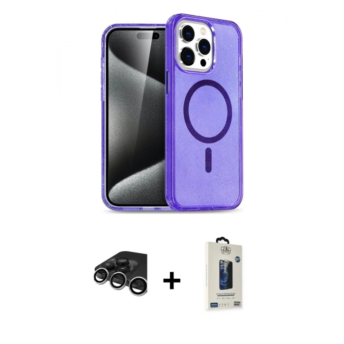 MARSİLYAN™- iPhone 15 Pro Kılıf Eksen Doku Koleksiyonu - Siyah Bilvis Hayalet Cam Ekran Koruyucu + Raze Metal Kamera Lens - GS