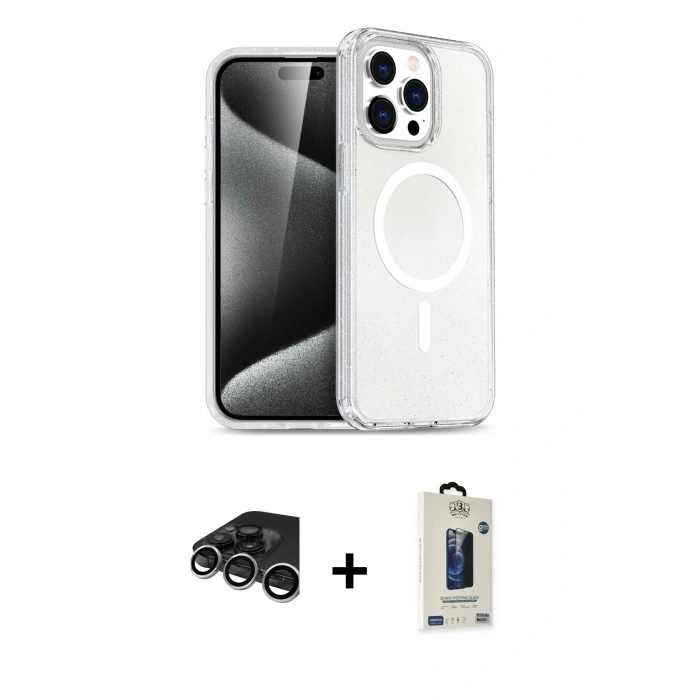 MARSİLYAN™- iPhone 15 Pro Kılıf Eksen Doku Koleksiyonu - Siyah Bilvis Hayalet Cam Ekran Koruyucu + Raze Metal Kamera Lens - GS
