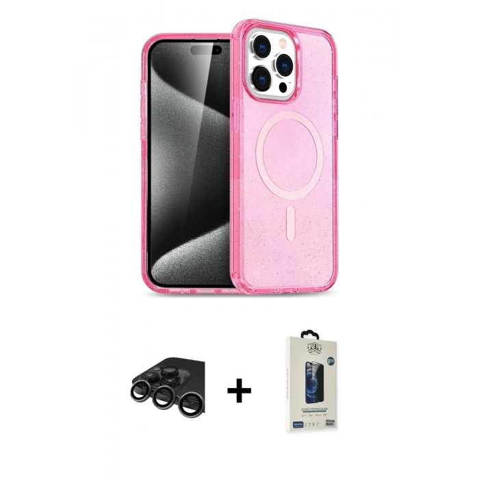 MARSİLYAN™- iPhone 15 Pro Kılıf Eksen Doku Koleksiyonu - Siyah Bilvis Hayalet Cam Ekran Koruyucu + Raze Metal Kamera Lens - TMGI