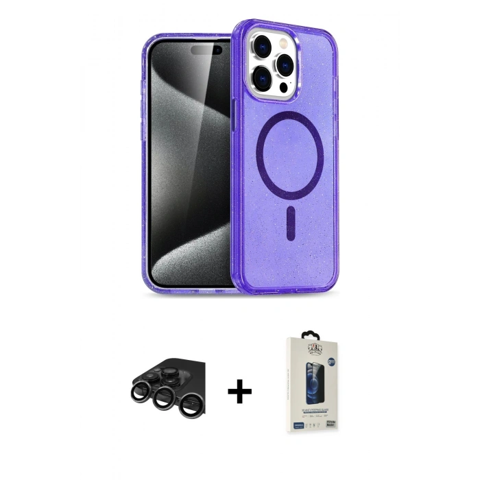 MARSİLYAN™- iPhone 15 Pro Kılıf Eksen Doku Koleksiyonu - Siyah Bilvis Hayalet Cam Ekran Koruyucu + Raze Metal Kamera Lens - TMGI