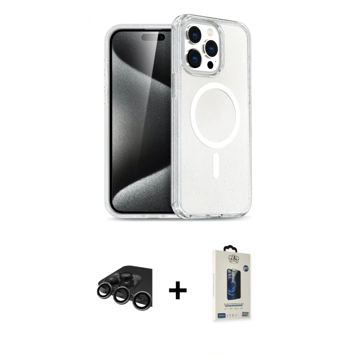 MARSİLYAN™- iPhone 15 Pro Kılıf Eksen Doku Koleksiyonu - Siyah Bilvis Hayalet Cam Ekran Koruyucu + Raze Metal Kamera Lens - TMGI