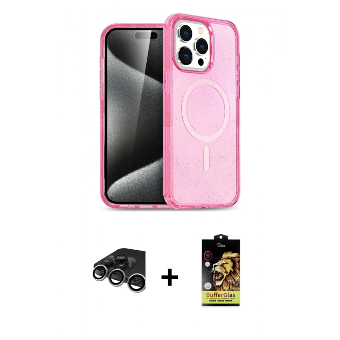 MARSİLYAN™- iPhone 15 Pro Kılıf Eksen Doku Koleksiyonu - Siyah Buffer Cam Ekran Koruyucu + Raze Metal Kamera Lens - GS