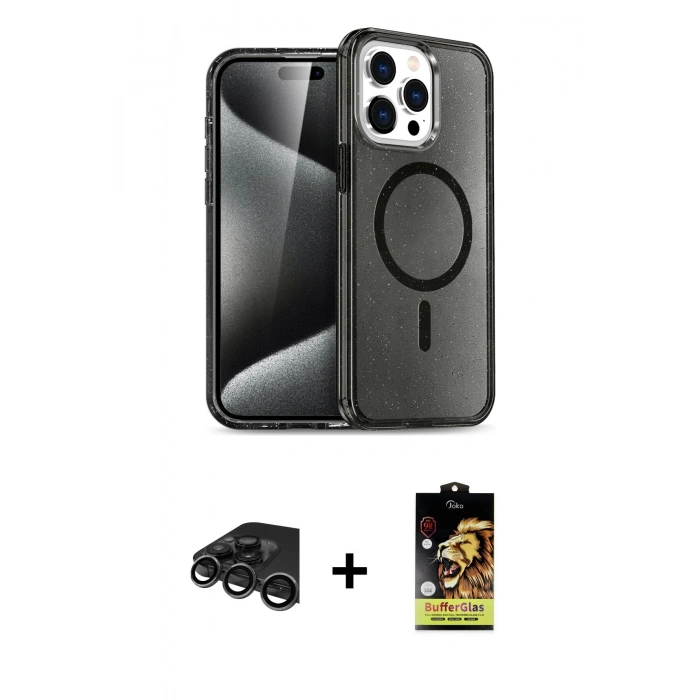 MARSİLYAN™- iPhone 15 Pro Kılıf Eksen Doku Koleksiyonu - Siyah Buffer Cam Ekran Koruyucu + Raze Metal Kamera Lens - TMGI