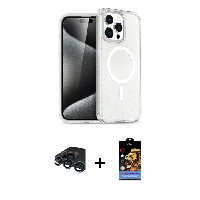 MARSİLYAN™- iPhone 15 Pro Kılıf Eksen Doku Koleksiyonu - Siyah Buffer Hayalet Cam Ekran Koruyucu + Lacivert Raze Metal Kamera Lens