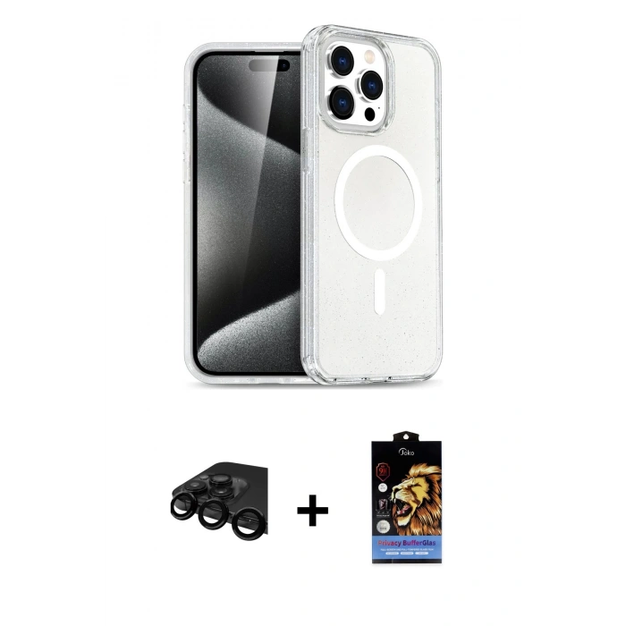 MARSİLYAN™- iPhone 15 Pro Kılıf Eksen Doku Koleksiyonu - Siyah Buffer Hayalet Cam Ekran Koruyucu + Raze Metal Kamera Lens - SH
