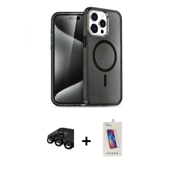MARSİLYAN™- iPhone 15 Pro Kılıf Eksen Doku Koleksiyonu - Siyah Joko 5D Cam + Raze Metal Kamera Lens - SH