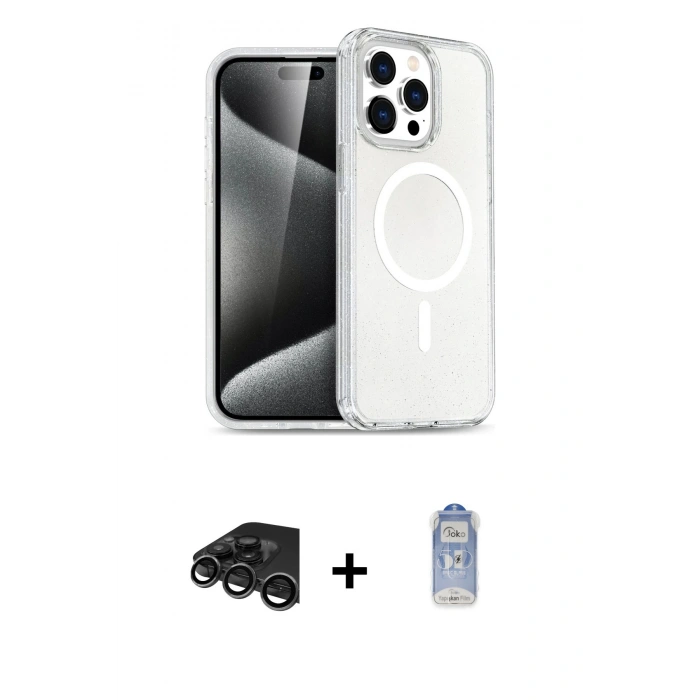 MARSİLYAN™- iPhone 15 Pro Kılıf Eksen Doku Koleksiyonu - Siyah Joko Magic 5D Cam + Raze Metal Kamera Lens - TMGI