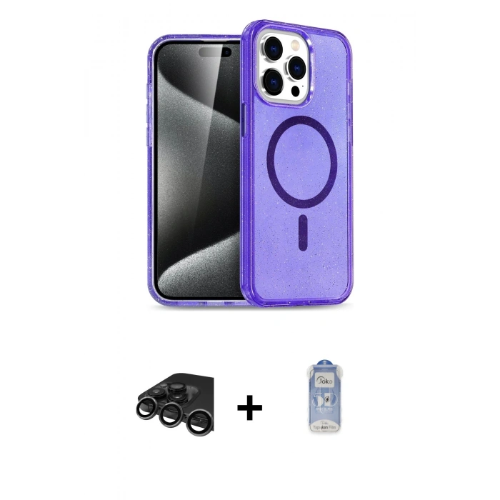 MARSİLYAN™- iPhone 15 Pro Kılıf Eksen Doku Koleksiyonu - Siyah Joko Magic 5D Cam + Raze Metal Kamera Lens - TMGI
