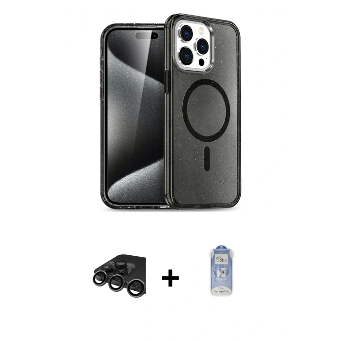 MARSİLYAN™- iPhone 15 Pro Kılıf Eksen Doku Koleksiyonu - Siyah Joko Magic 5D Cam + Raze Metal Kamera Lens - TMGI