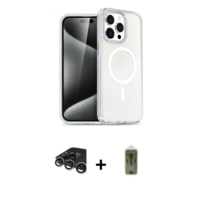 MARSİLYAN™- iPhone 15 Pro Kılıf Eksen Doku Koleksiyonu - Siyah Joko Magic 5D Hayalet Cam + Raze Metal Kamera Lens - GS