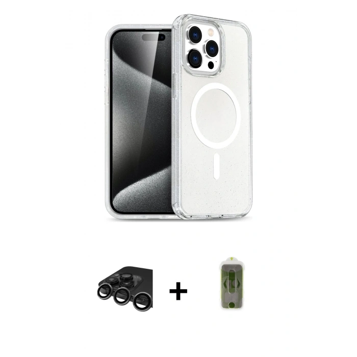 MARSİLYAN™- iPhone 15 Pro Kılıf Eksen Doku Koleksiyonu - Siyah Joko Magic 5D Hayalet Cam + Raze Metal Kamera Lens - TMGI