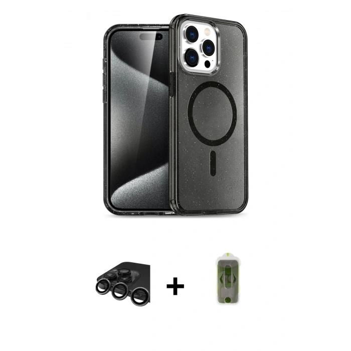 MARSİLYAN™- iPhone 15 Pro Kılıf Eksen Doku Koleksiyonu - Siyah Joko Magic 5D Hayalet Cam + Raze Metal Kamera Lens - TMGI