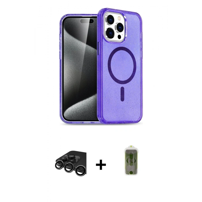 MARSİLYAN™- iPhone 15 Pro Kılıf Eksen Doku Koleksiyonu - Siyah Joko Magic 5D Hayalet Cam + Raze Metal Kamera Lens - TMGI