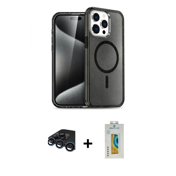MARSİLYAN™- iPhone 15 Pro Kılıf Eksen Doku Koleksiyonu - Siyah Polymer Nano Ekran Koruyucu + Raze Metal Kamera Lens - LT