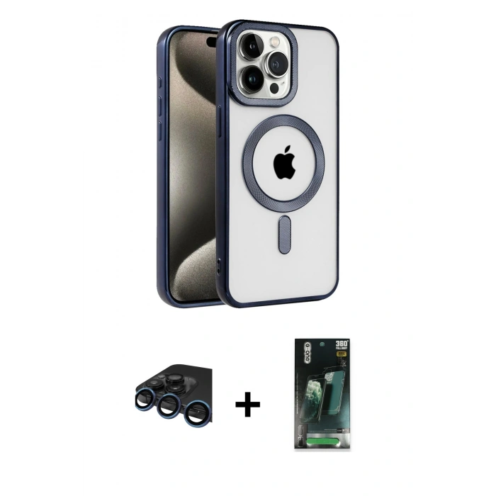 MARSİLYAN™- iPhone 15 Pro Kılıf Eksen Form Koleksiyonu - Şeffaf 360 Full Body Arka Koruyucu + Raze Metal Kamera Lens - LT