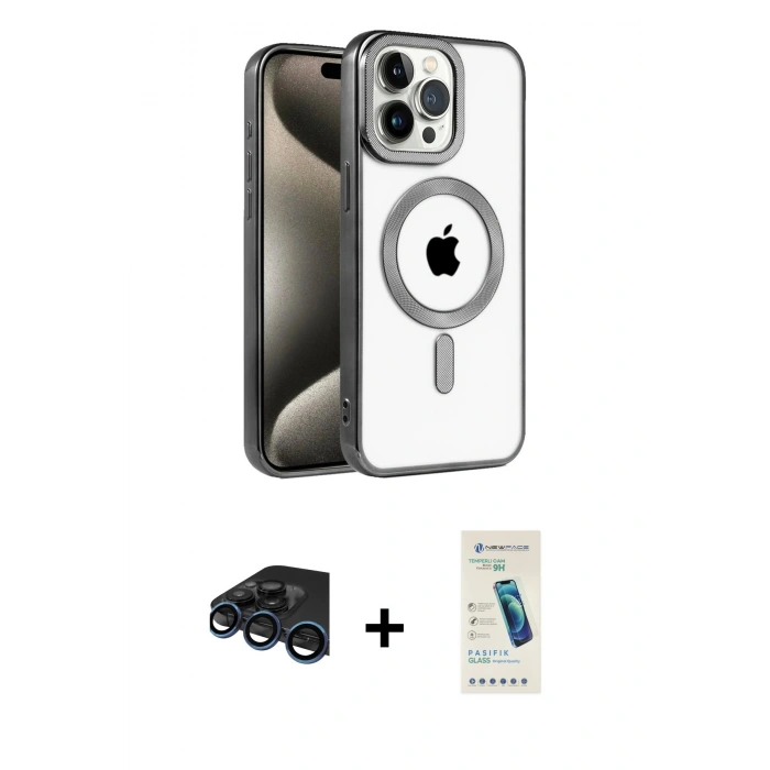 MARSİLYAN™- iPhone 15 Pro Kılıf Eksen Form Koleksiyonu - Şeffaf Pasifik Cam Ekran Koruyucu + Raze Metal Kamera Lens - LT