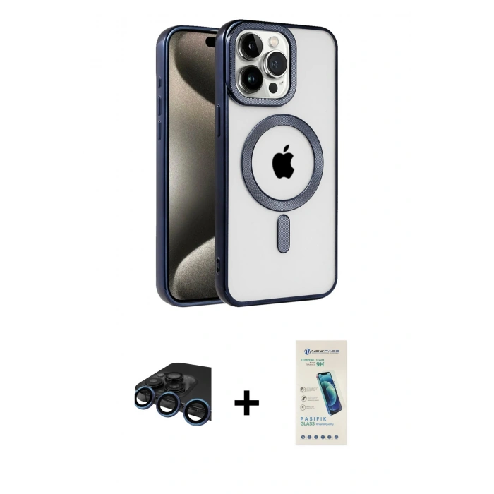 MARSİLYAN™- iPhone 15 Pro Kılıf Eksen Form Koleksiyonu - Şeffaf Pasifik Cam Ekran Koruyucu + Raze Metal Kamera Lens - LT