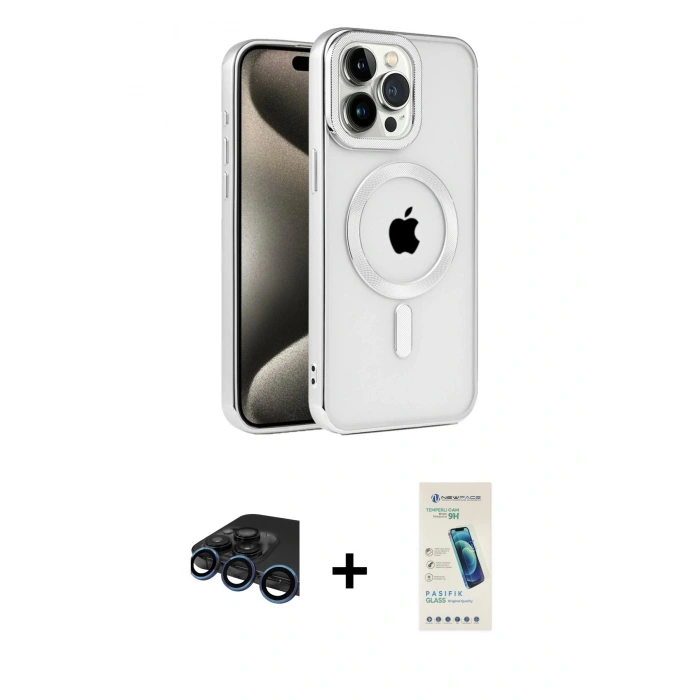 MARSİLYAN™- iPhone 15 Pro Kılıf Eksen Form Koleksiyonu - Şeffaf Pasifik Cam Ekran Koruyucu + Raze Metal Kamera Lens - LT