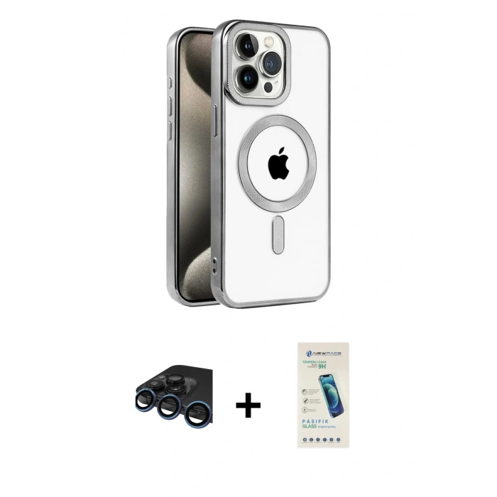 MARSİLYAN™- iPhone 15 Pro Kılıf Eksen Form Koleksiyonu - Şeffaf Pasifik Cam Ekran Koruyucu + Raze Metal Kamera Lens - LT