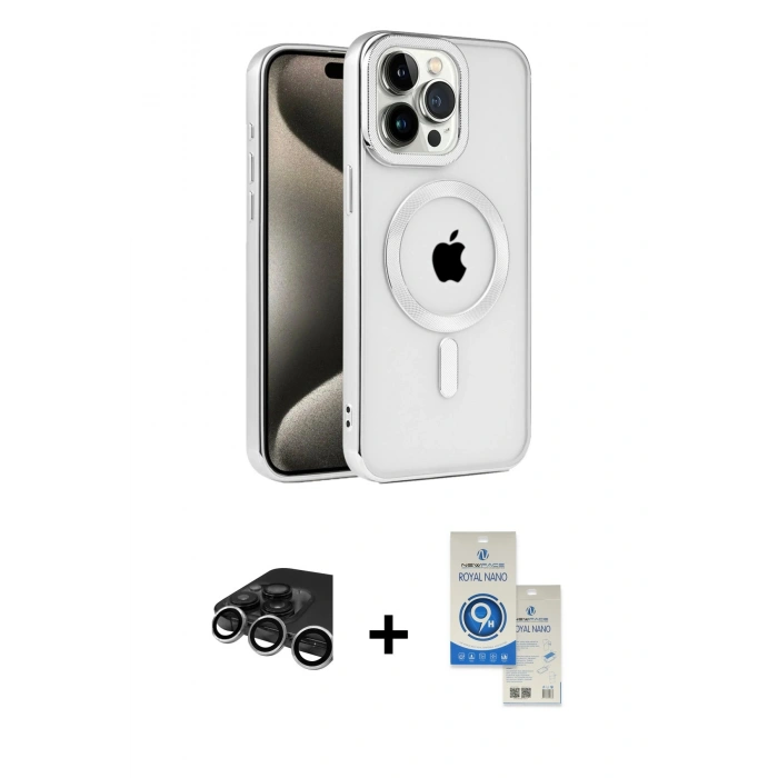 MARSİLYAN™- iPhone 15 Pro Kılıf Eksen Form Koleksiyonu - Şeffaf Royal Nano Ekran Koruyucu + Raze Metal Kamera Lens - GS