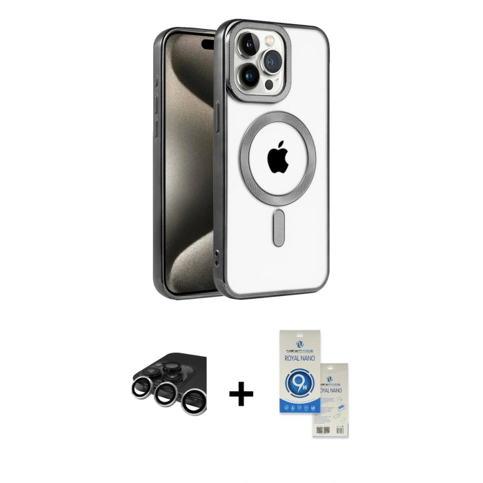 MARSİLYAN™- iPhone 15 Pro Kılıf Eksen Form Koleksiyonu - Şeffaf Royal Nano Ekran Koruyucu + Raze Metal Kamera Lens - GS