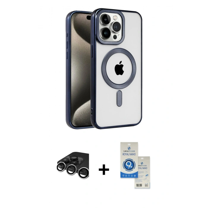 MARSİLYAN™- iPhone 15 Pro Kılıf Eksen Form Koleksiyonu - Şeffaf Royal Nano Ekran Koruyucu + Raze Metal Kamera Lens - GS