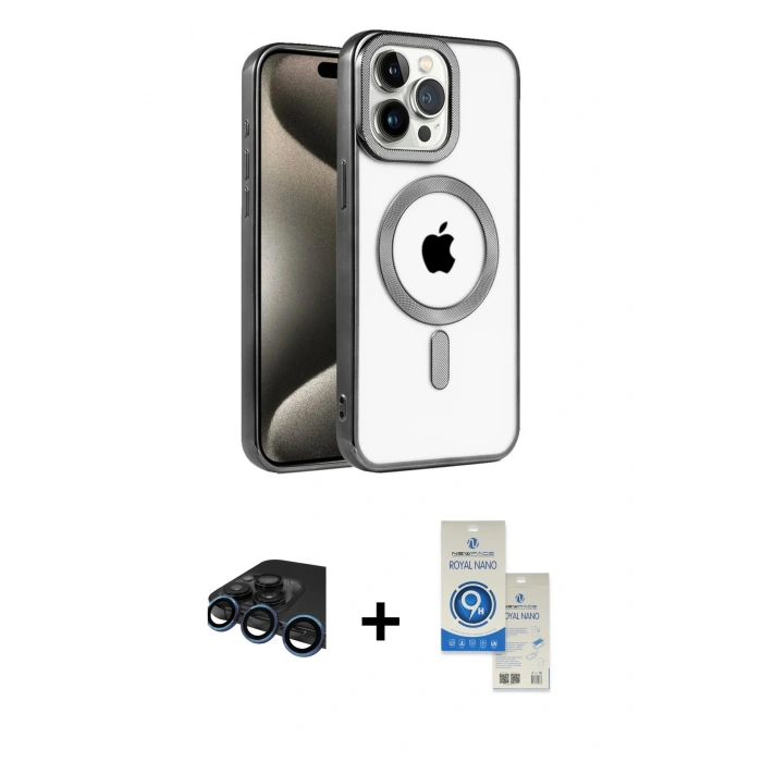 MARSİLYAN™- iPhone 15 Pro Kılıf Eksen Form Koleksiyonu - Şeffaf Royal Nano Ekran Koruyucu + Raze Metal Kamera Lens - LT