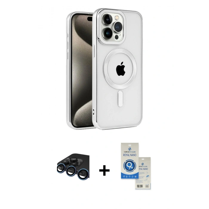 MARSİLYAN™- iPhone 15 Pro Kılıf Eksen Form Koleksiyonu - Şeffaf Royal Nano Ekran Koruyucu + Raze Metal Kamera Lens - LT